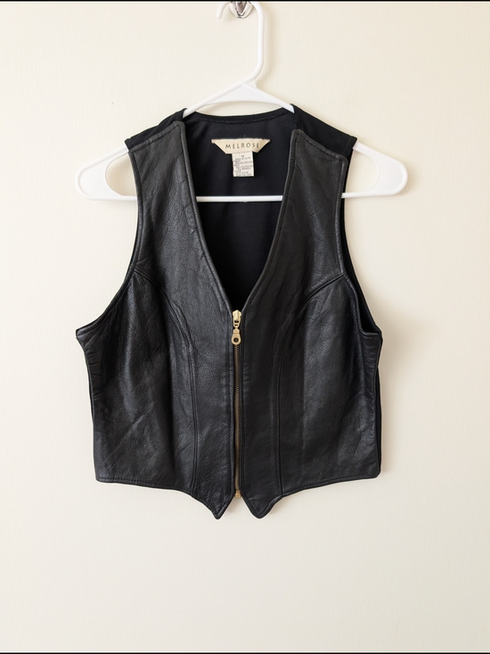 Vintage Tops - Vintage Melrose Womens Medium Black Leather Vest Bikercore Festival Gorpcore